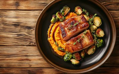 Panceta de cerdo crujiente con verduras